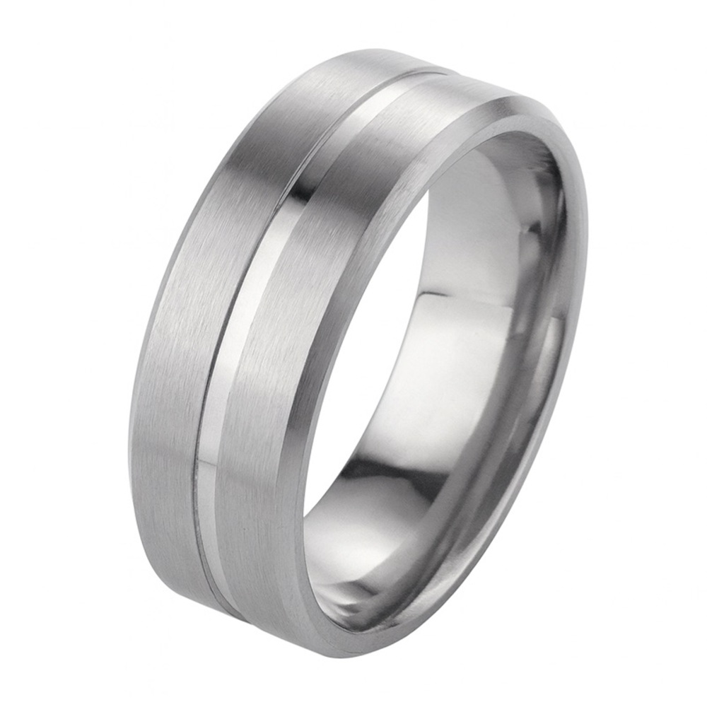 Stainless Steel Brushed Band Ring - Polished Center Stripe Comfort Fit